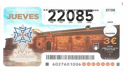 Décimo 22085 del sorteo 27-02/04/2026 Jueves