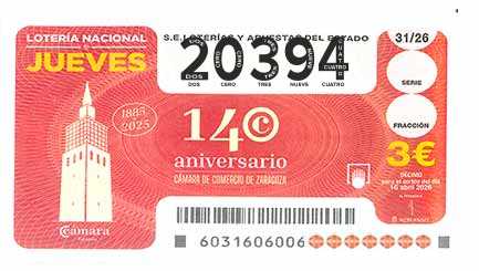 Décimo 20394 del sorteo 31-16/04/2026 Jueves