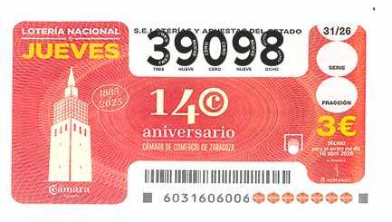 Décimo 39098 del sorteo 31-16/04/2026 Jueves