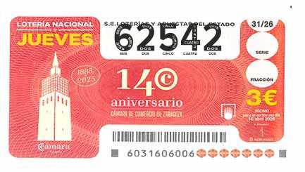 Décimo 62542 del sorteo 31-16/04/2026 Jueves