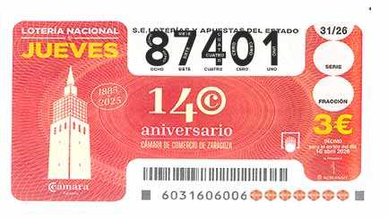 Décimo 87401 del sorteo 31-16/04/2026 Jueves